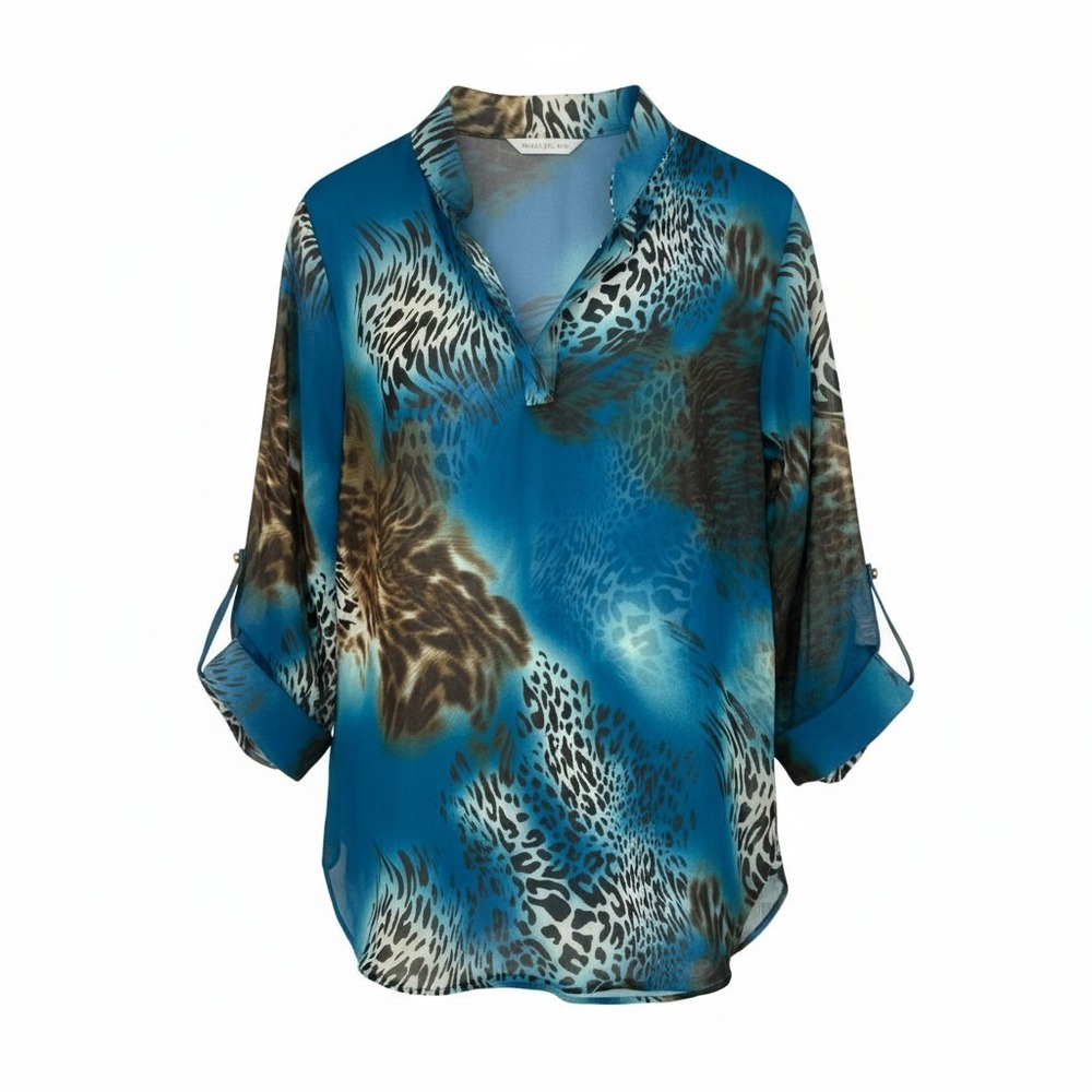 Auditions Sheer Animal Print Blouse Size 1XL Blue MobWife Glam USA‎ Made
